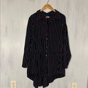 Tulip Navy Striped Button Down Tunic Cotton Lagenlook Size‎ L